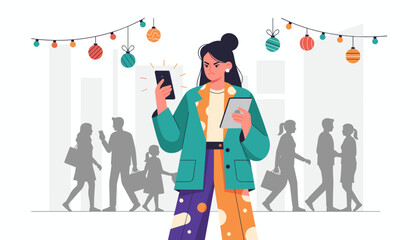 Angry woman juggling smartphone and tablet in a busy crowded city environment during the holidays