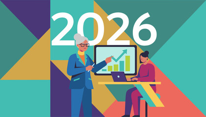 Senior manager presents 2026 annual business growth projection to colleague Flat vector illustration