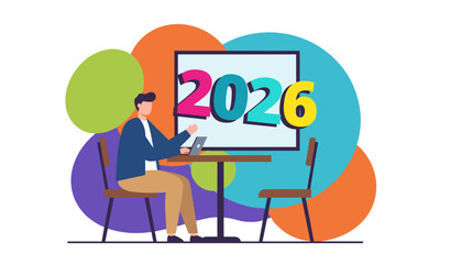 A man working on a laptop planning for the future year 2026 Flat illustration concept
