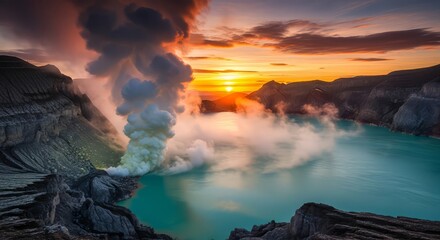 Aerial view of ijen volcano crater lake with smoke and sunrise in east java indonesia landscape scene