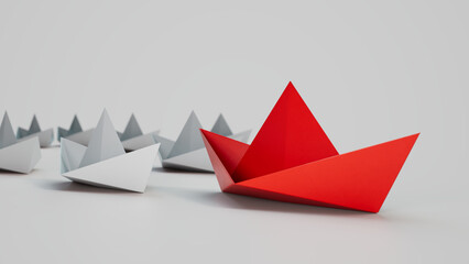 Papierschiffchen,  Red Paper Boat leading white boats 3d render.