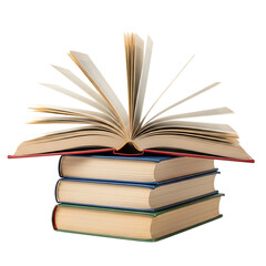 Fototapeta premium Literacy Stack: an open book sits atop a stack of bound books. The image encapsulates the concept of learning and discovery. 