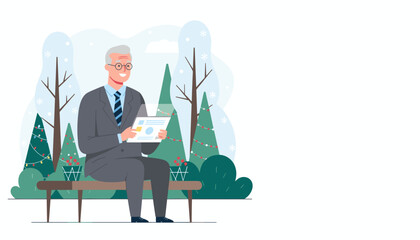 Smiling senior businessman reviewing a business report on a bench in a festive winter park