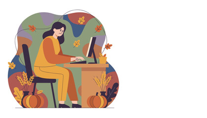 Frustrated woman working on computer in an autumn home office Seasonal burnout and stress
