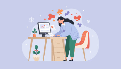 Frustrated woman dealing with work stress data and winter deadlines at her office desk