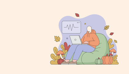 Remote work comfort Person on beanbag uses laptop in an autumn setting with waveform data