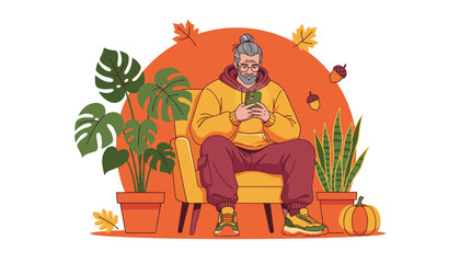 Hipster elder man relaxing with smartphone in a cozy autumn setting with houseplants