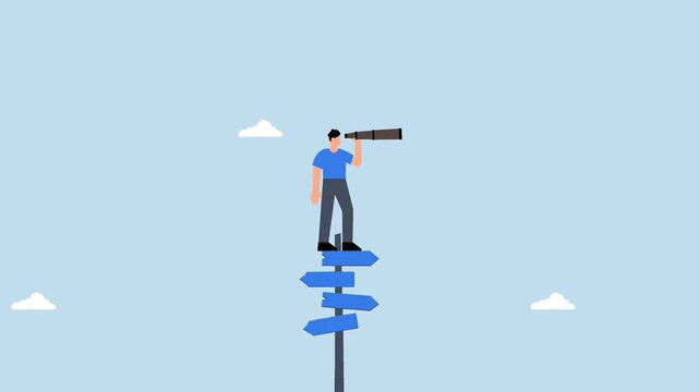 Search for right direction, clever entrepreneur examines through telescope or binoculars to find solution