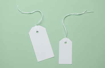 Two blank white price tag mockup on mint green background