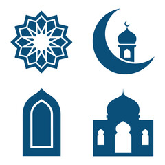 Collection of islamic symbols: geometric pattern, crescent moon with mosque, prayer rug and mosque silhouette