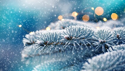 A close-up of a fir branch covered in delicate frost and snow with glowing bokeh lights in a magical winter scene