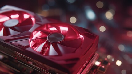 Close-up of GPU fans spinning rapidly with heat sensors glowing red, emotion of intensity visible, symbolizing the raw computational power and energy demand of modern cryptocurrency mining