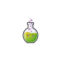 Laboratory Flask with Bubbling Green Potion Vector Cartoon Illustration Isolated Glass Round Bottom Container Science Experiment Chemical Reaction, Laboratory flask with bubbling green potion.