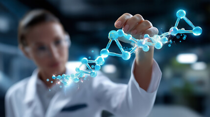 Defocused biotech specialist working while sharp detailed glowing molecular structure stays in focus, with copy space