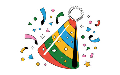 Colorful Party Hat with Confetti and Stars on Black Background Keywords: isolate on transparent background