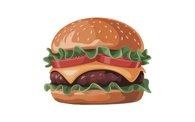 Delicious Hamburger with Lettuce Cheese and Tomato on Black Background isolate on transparent background