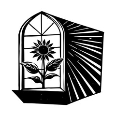 A stylized black and white linocut illustration of a sunflower growing indoors seen through an arched window with sun rays