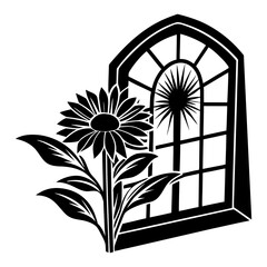 A stylized black silhouette of a sunflower blooming beside an arched window with a sunburst pattern
