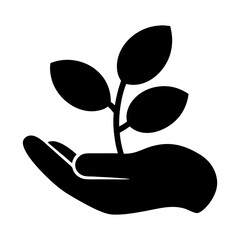 Symbol of a hand gently cradling a small plant with three leaves representing growth and care