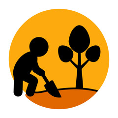 Silhouette of a person digging with a shovel next to a small tree under a bright orange sun