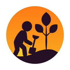 Silhouette of a person planting a small tree with a shovel in a circular orange and purple graphic