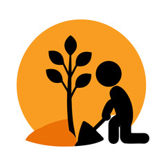 Stylized silhouette of a person planting a tree with a shovel against a large orange circle