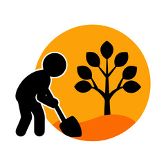 Stylized silhouette of a person planting a tree with a shovel against a vibrant orange circular background