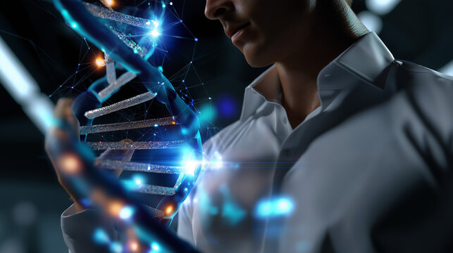 Headless shot showing researcher's torso near focused radiant DNA model with holographic projections, with copy space