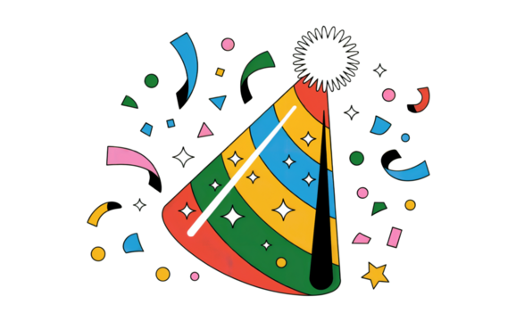 Colorful Party Hat with Confetti and Stars on Black Background Keywords: isolate on transparent background