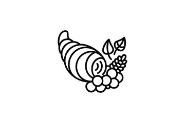 Simple Outline Icon of a Cornucopia Filled with Harvest Grapes and Leaves Representing Abundance Autumn Season and Festive Celebrations of Gratitude