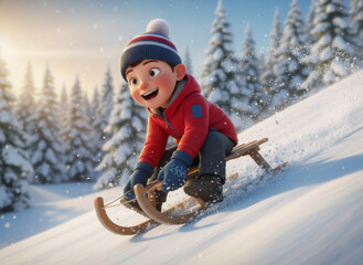 Miniature figure: a child sliding down a snowy mountain on a sleigh.