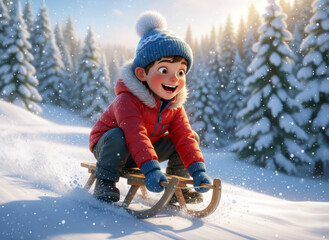 Miniature figure: a child sliding down a snowy mountain on a sleigh.