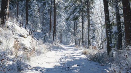 tranquil snowcovered forest path in winter wonderland