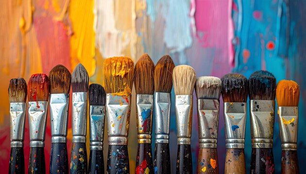 A collection of paintbrushes set against a vibrant, textured abstract background