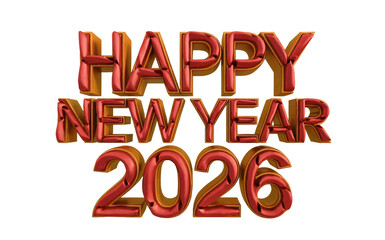 Happy New Year 2026 3D Text with Red and Gold Metallic Finish Keywords: isolate on transparent background