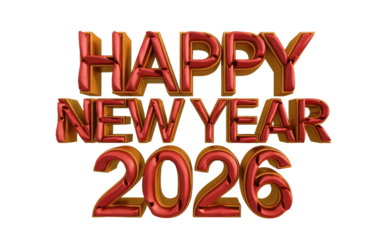 Happy New Year 2026 3D Text with Red and Gold Metallic Finish Keywords: isolate on transparent background