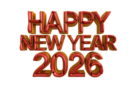 Happy New Year 2026 3D Text with Red and Gold Metallic Finish Keywords: isolate on transparent background
