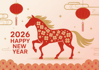 Chinese New Year 2026 illustration featuring a red horse decorated with flowers with lanterns and clouds for festive celebrations