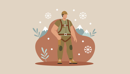 Professional worker in safety gear standing in a snowy mountain landscape illustration