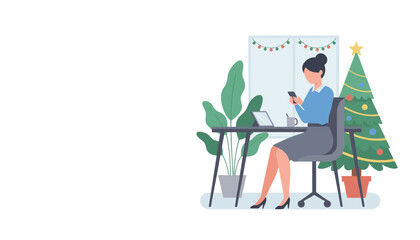 Professional woman working on phone in Christmas decorated office setting