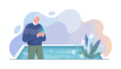 Senior man using smartphone in a stylized winter landscape with ice and snowflakes