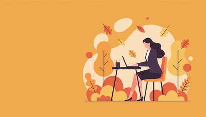 Professional woman working remotely on laptop amidst abstract autumn foliage background