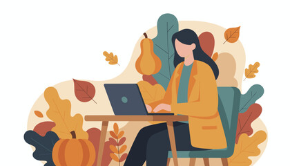 Woman working on laptop in cozy autumn setting with fall leaves and pumpkin Remote work illustration