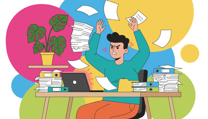 Angry employee dealing with stress and burnout at a messy office desk filled with overwhelming paperwork