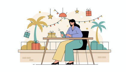 Sending holiday greetings from the tropics Woman using mobile tech near palm trees and gifts