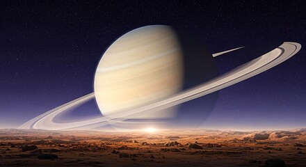 Gas giant planet with rings above alien landscape