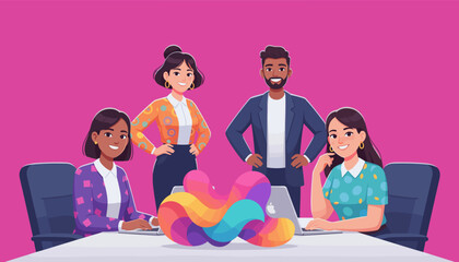 A diverse smiling business team collaborates around a table with a colorful concept design