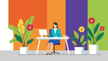 Woman at desk working on computer in a modern vibrant plantfilled office Flat design vector