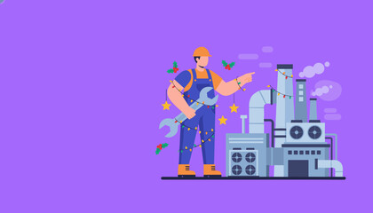 Festive industrial worker with wrench points to holidaydecorated factory