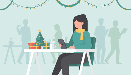 Businesswoman works on holiday deadlines in a festive office with Christmas decorations and gifts